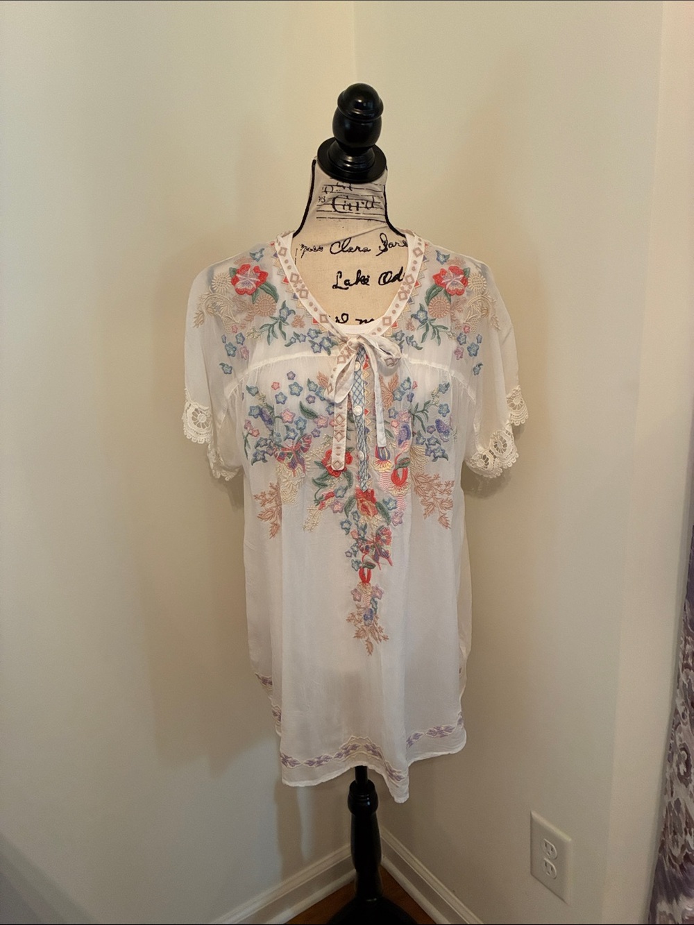 Johnny Was Avril Embroidered Sheer White Tie-Neck Floral Blouse